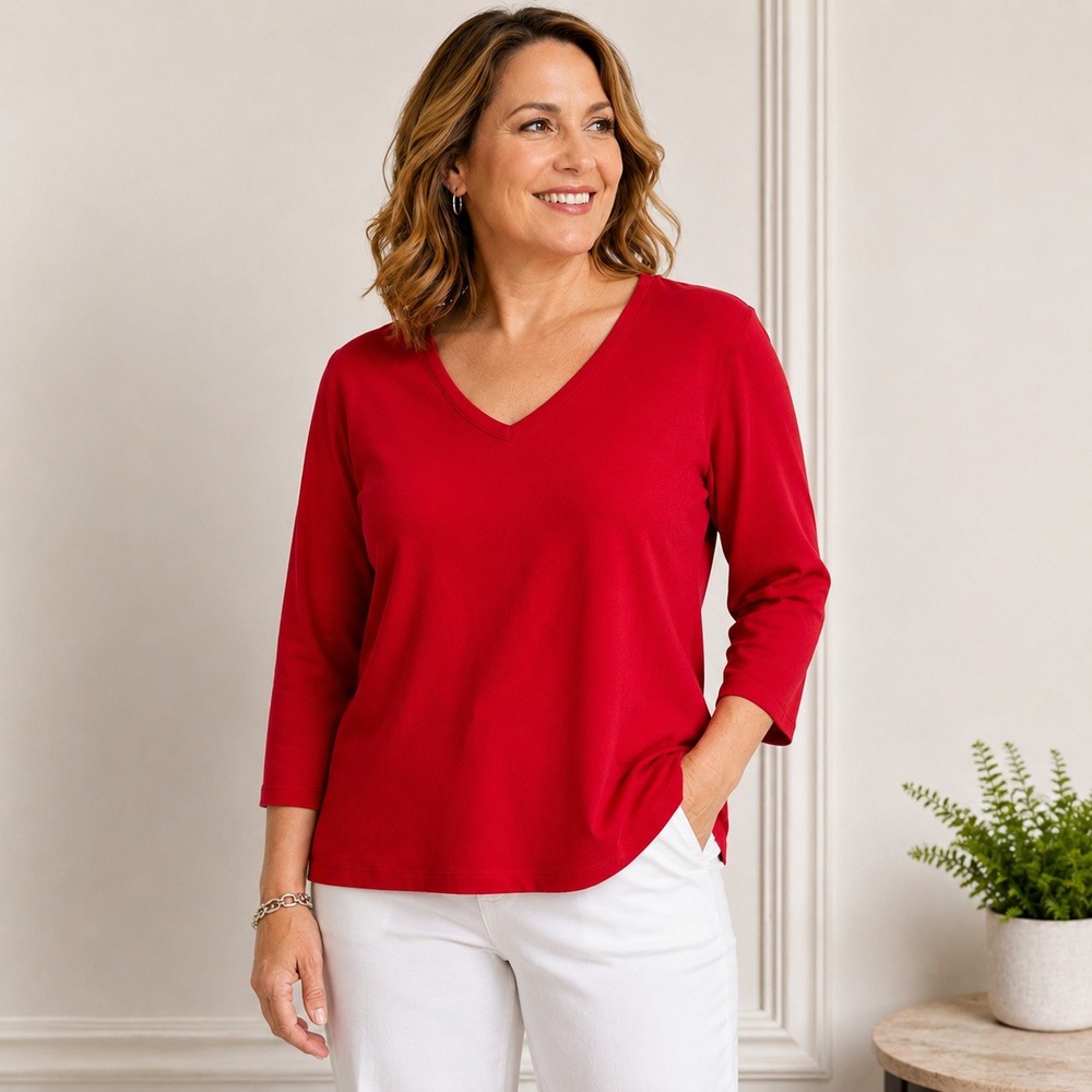 Chicos Red V-Neck 3/4 Sleeve Cotton Stretch Knit Top Size 3 Large XL